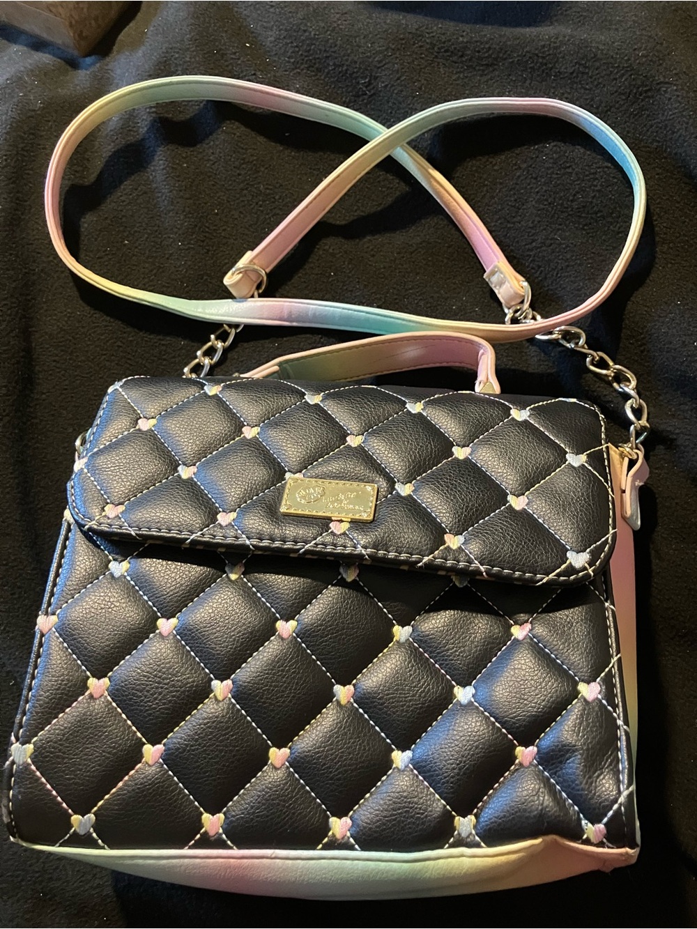 Luv Betsey Johnson Addy Black Quilted Rainbow Heart Crossbody Top Handle Bag